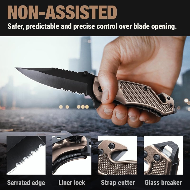 GOOD WORKER Legal Pocket Knife with 2.95” Serrated Blade, Glass Breaker, Seat Belt Cutter - EDC Sharp Folding Knives with Portable Clip - Small Tool for Tactical Camping Survival Hiking - Gifts for Men, Women - Image 4